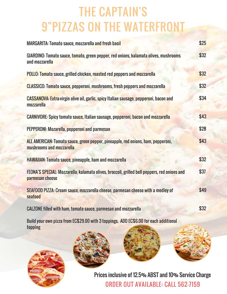 Captain's Quarters pizza menu