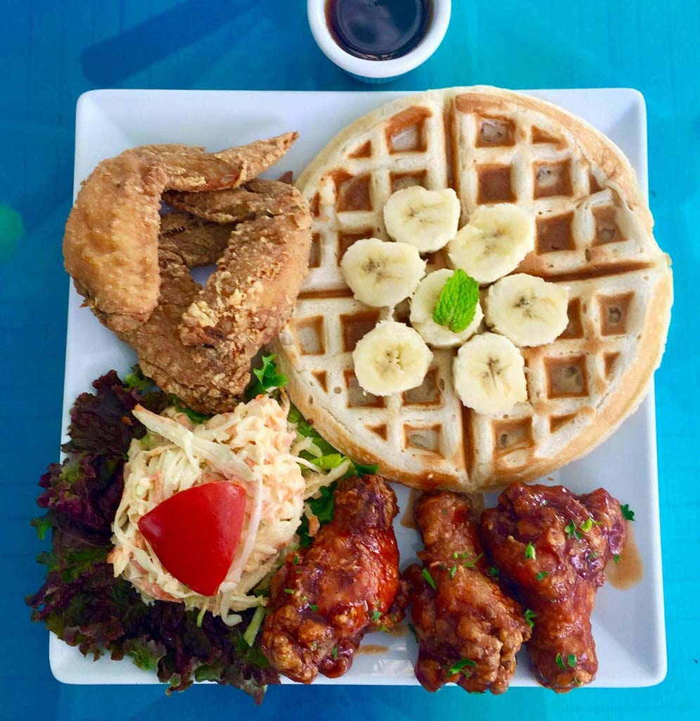 Island Fusion spicy chicken wings and waffles