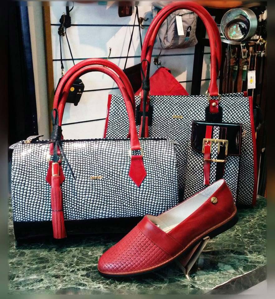 Land Leather black red white bags with matching red shoe