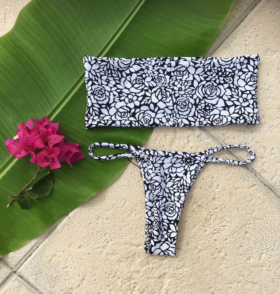 Makai black and white flower print bikini with tube top