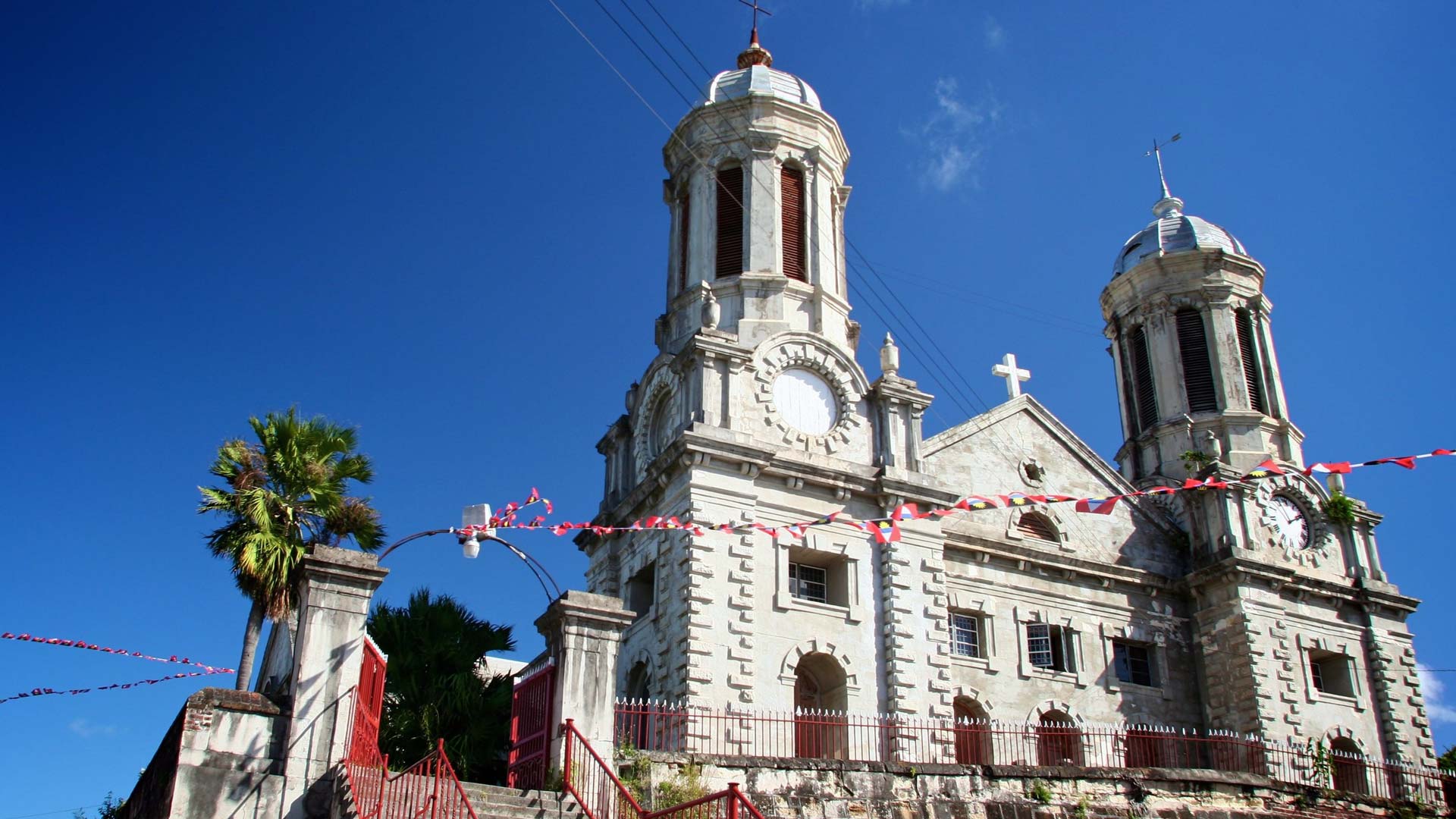 St John's Cathedral exterior with flags